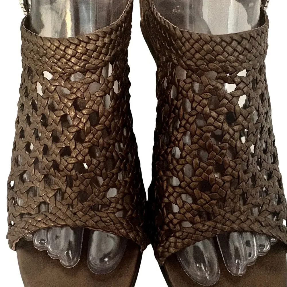 Brighton Realm Bronze Leather Woven Basketweave Wedge Sandals Feminine Boho